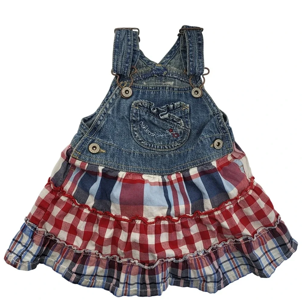 OshKosh Bgosh Girls 12M Denim Plaid Tiered Ruffle Jumper Dress 904-0262 Blue Red